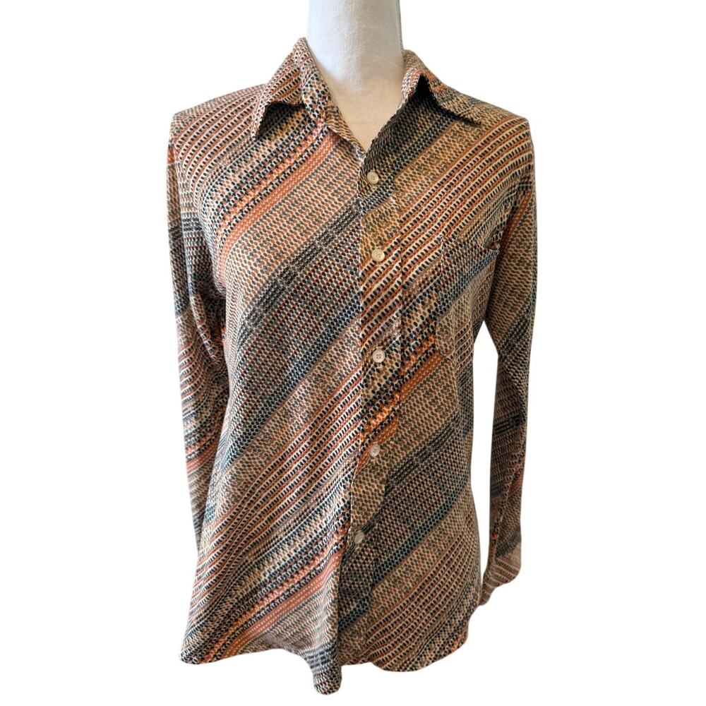 Vintage 70s Jantzen Disco Leisure Shirt Orange Brown Print M